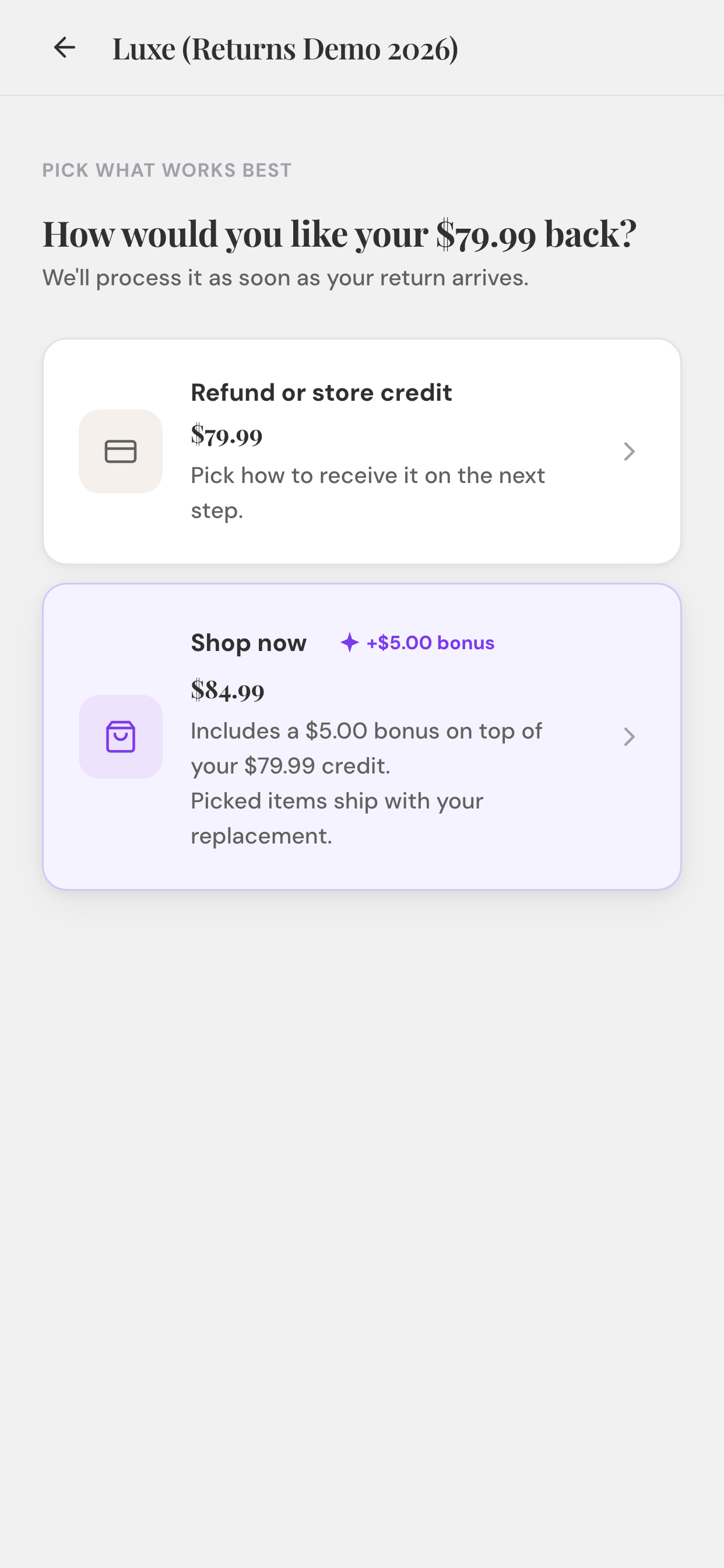 Richpanel Shop Now flow offering bonus credit and a catalog to turn a return into a new order.