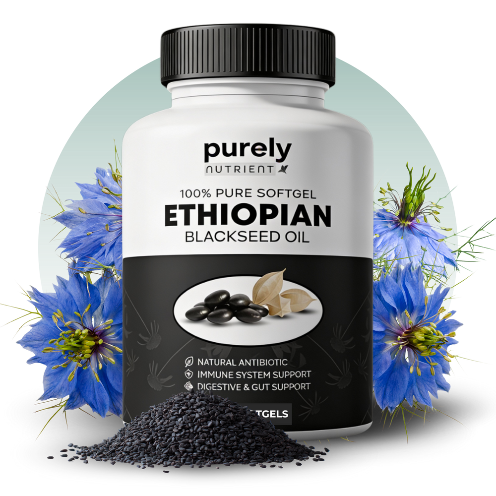 Purely Nutrient black seed oil with flowers and seeds