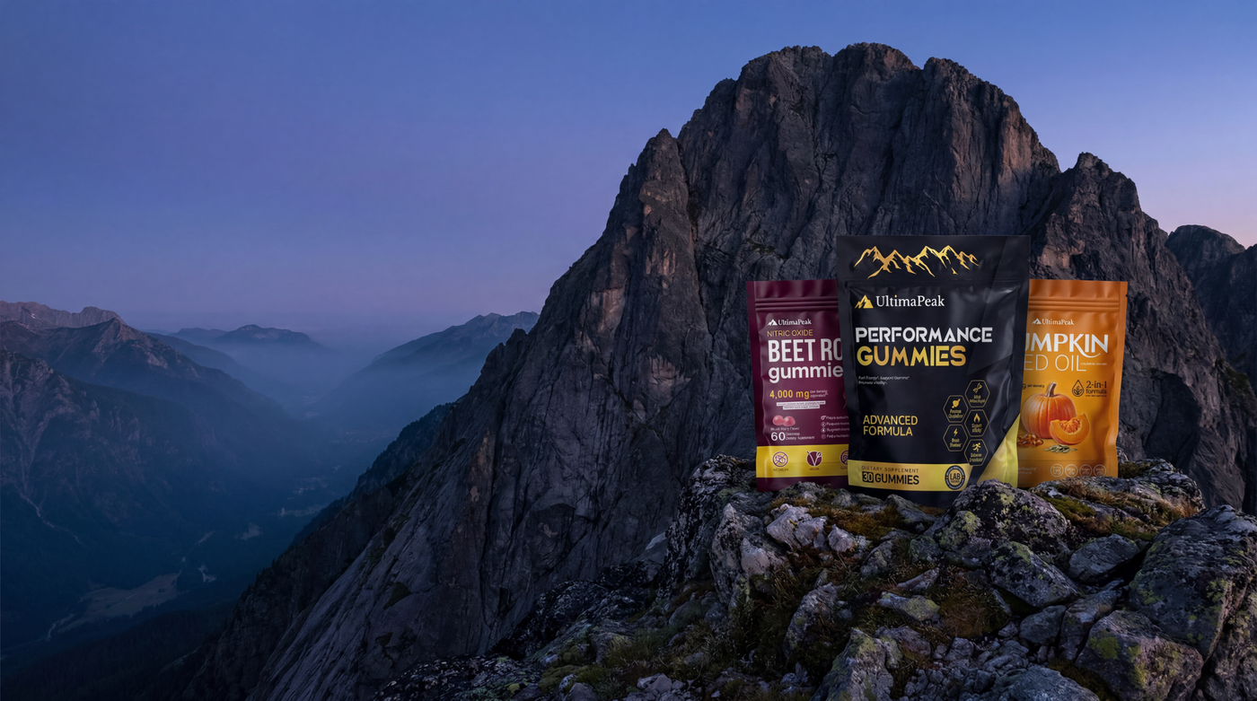 UltimaPeak supplement pouches against an alpine landscape