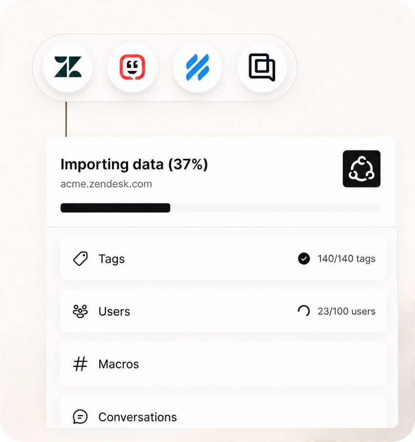 Richpanel migration interface importing users, groups, tags, fields, and macros