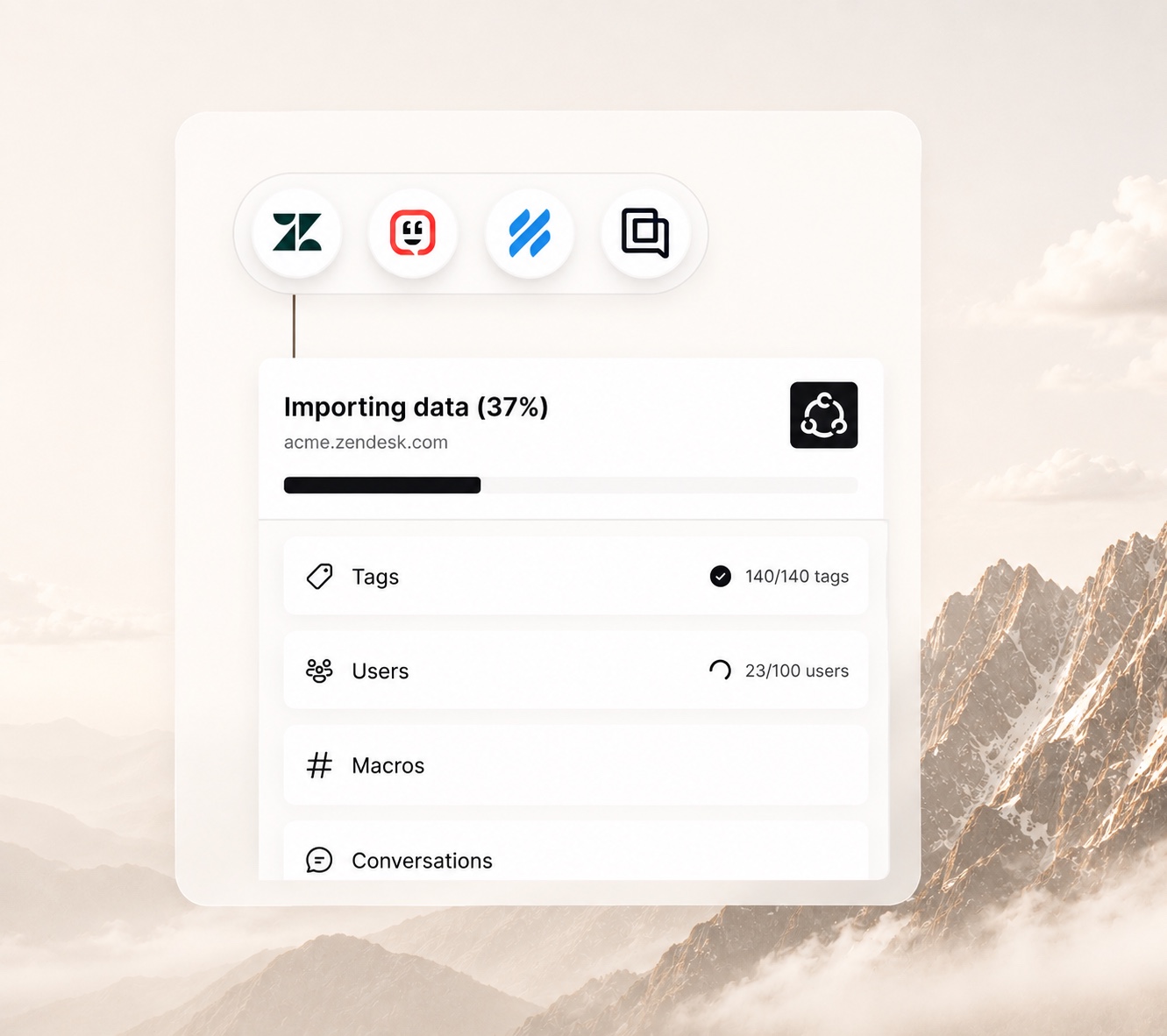 Richpanel migration interface importing users, groups, tags, fields, and macros