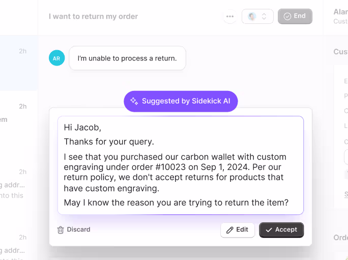 Richpanel AI assistant drafting replies and executing actions for human agents