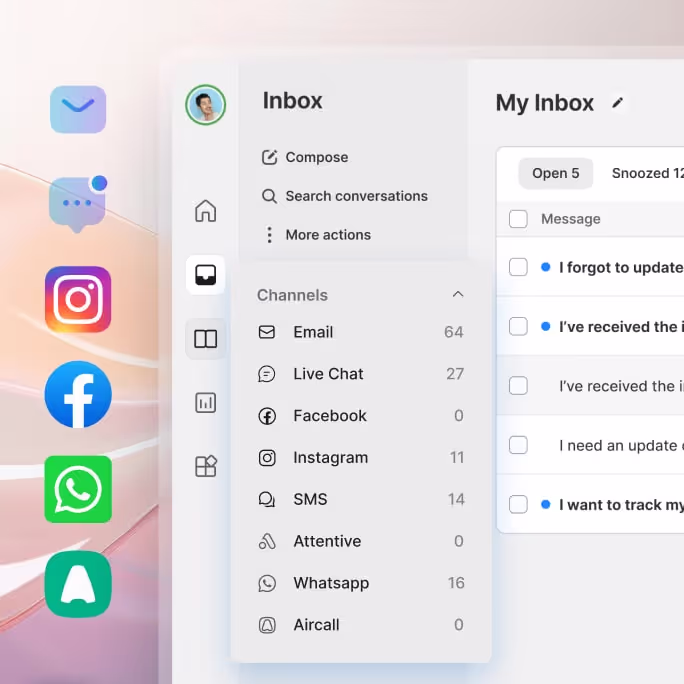 Richpanel omnichannel inbox with email, live chat, Facebook, Instagram, WhatsApp, SMS and Aircall in one queue